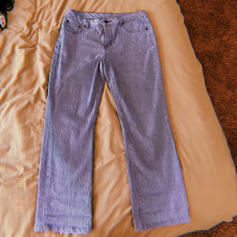 blue striped denim jeans
